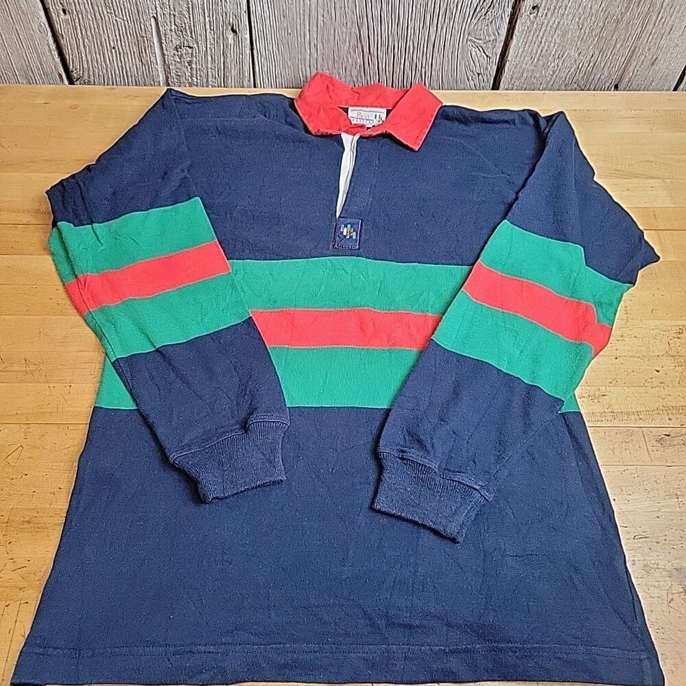 Paco Rugby Polo Shirt Mens Size XL Multicoloured 90s Long Sleeve Blue Green